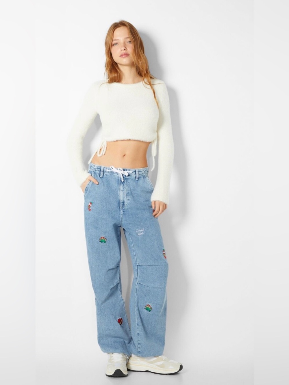 BERSHKA Light Blue Embroidered Wide-Leg Jeans - Women